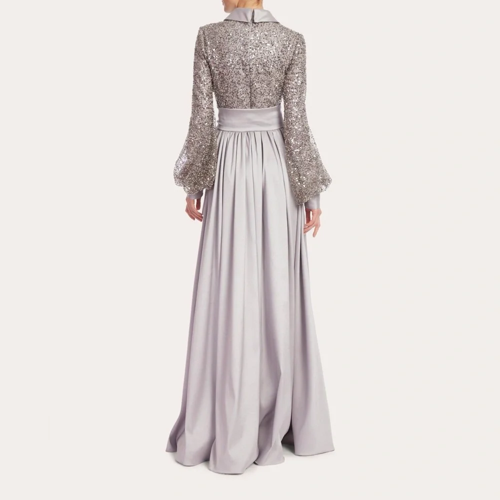 NWOT Badgley Mischka Collection Blouson Sleeve Sequin Shirt Gown